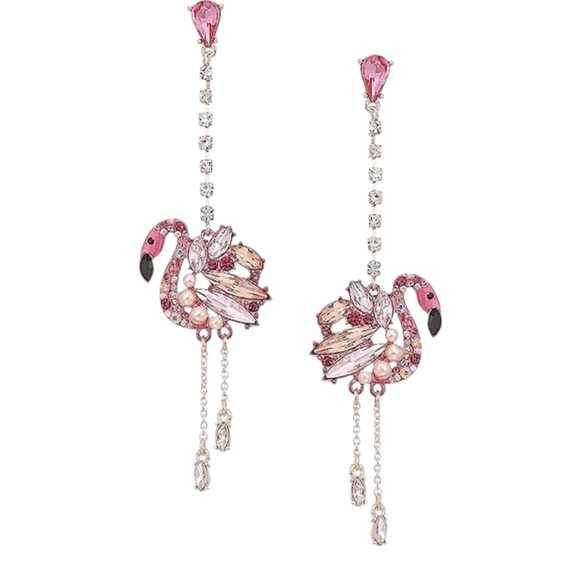 ✨️🦩  Betsey Johnson Pink Flamingo Crystal long Drop dangl4 Earrings NWT ✨️🦩 - Picture 1 of 3